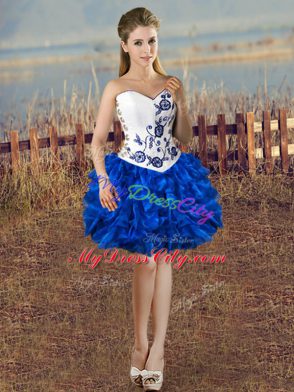 Fashion Blue And White Organza Lace Up Sweetheart Sleeveless Mini Length Prom Party Dress Embroidery and Ruffles