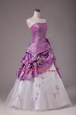 Custom Design Floor Length A-line Sleeveless White And Purple 15th Birthday Dress Lace Up