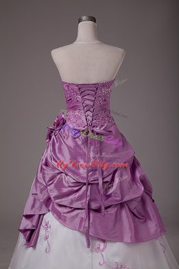 Custom Design Floor Length A-line Sleeveless White And Purple 15th Birthday Dress Lace Up