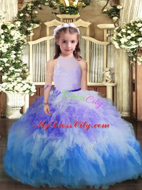 Enchanting Multi-color Tulle Backless High-neck Sleeveless Floor Length Little Girls Pageant Dress Ruffles