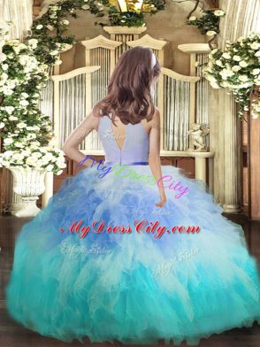 Enchanting Multi-color Tulle Backless High-neck Sleeveless Floor Length Little Girls Pageant Dress Ruffles