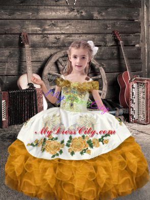 Best Ball Gowns Pageant Dress Toddler Gold Off The Shoulder Organza Sleeveless Floor Length Lace Up