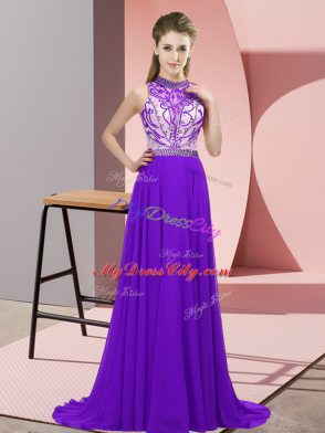 Custom Fit Halter Top Sleeveless Prom Evening Gown Brush Train Beading Purple Chiffon