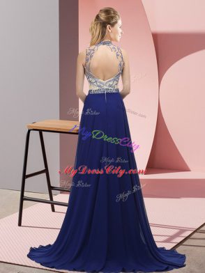 Custom Fit Halter Top Sleeveless Prom Evening Gown Brush Train Beading Purple Chiffon