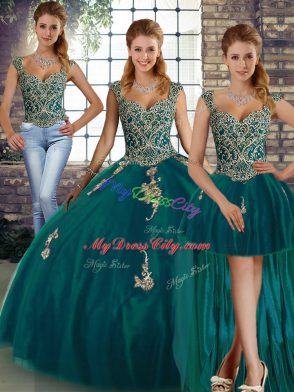 Eye-catching Peacock Green Lace Up 15th Birthday Dress Beading and Appliques Sleeveless Floor Length