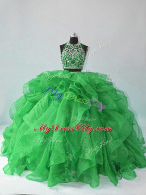 Popular Green Two Pieces Halter Top Sleeveless Organza Floor Length Backless Beading and Ruffles Quince Ball Gowns
