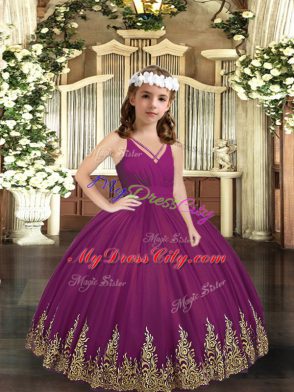 Pretty Purple Kids Formal Wear Party and Sweet 16 and Wedding Party with Embroidery V-neck Sleeveless Zipper