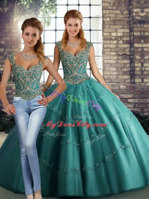Elegant Straps Sleeveless Tulle 15th Birthday Dress Beading and Appliques Lace Up