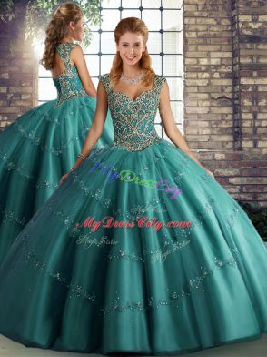 Elegant Straps Sleeveless Tulle 15th Birthday Dress Beading and Appliques Lace Up
