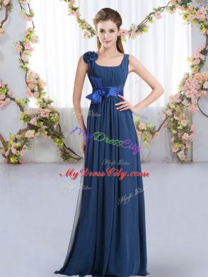 Free and Easy Floor Length Zipper Bridesmaid Gown Navy Blue for Wedding Party with Belt and Hand Made Flower