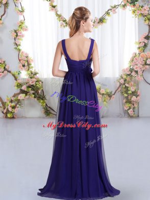 Free and Easy Floor Length Zipper Bridesmaid Gown Navy Blue for Wedding Party with Belt and Hand Made Flower