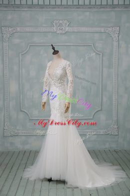 Dazzling White Tulle Backless V-neck Long Sleeves Bridal Gown Brush Train Lace