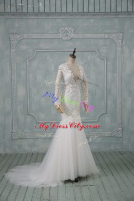 Dazzling White Tulle Backless V-neck Long Sleeves Bridal Gown Brush Train Lace