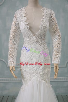 Dazzling White Tulle Backless V-neck Long Sleeves Bridal Gown Brush Train Lace
