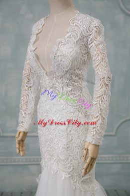 Dazzling White Tulle Backless V-neck Long Sleeves Bridal Gown Brush Train Lace