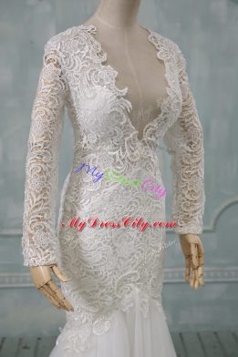 Dazzling White Tulle Backless V-neck Long Sleeves Bridal Gown Brush Train Lace