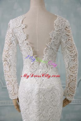 Dazzling White Tulle Backless V-neck Long Sleeves Bridal Gown Brush Train Lace