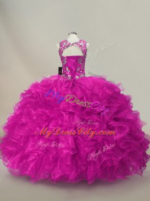 Customized Fuchsia Sleeveless Ruffles and Sequins Floor Length Sweet 16 Dress