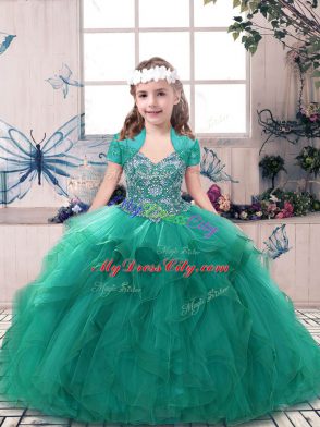 Floor Length Side Zipper Kids Pageant Dress Turquoise for Party and Sweet 16 and Wedding Party with Beading