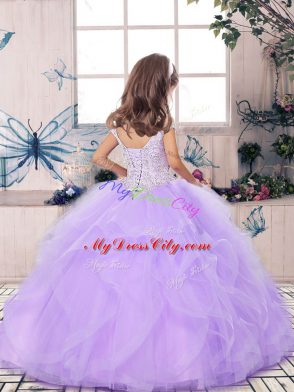 Floor Length Side Zipper Kids Pageant Dress Turquoise for Party and Sweet 16 and Wedding Party with Beading