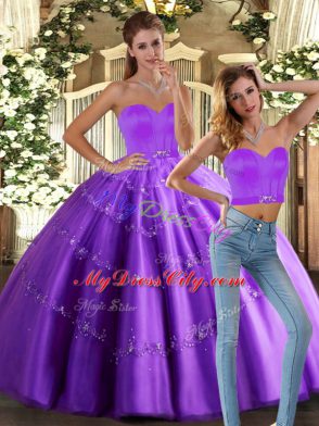 Sleeveless Tulle Floor Length Lace Up Quince Ball Gowns in Eggplant Purple with Beading