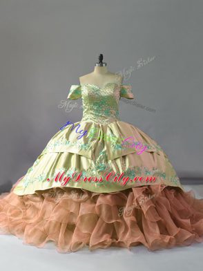 Sleeveless Chapel Train Lace Up Embroidery and Ruffles Ball Gown Prom Dress