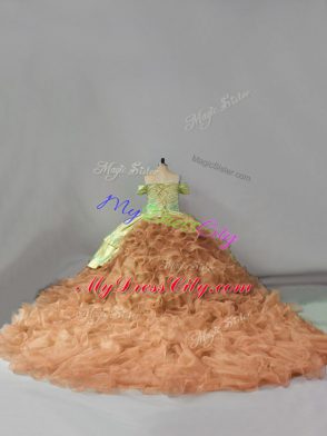 Sleeveless Chapel Train Lace Up Embroidery and Ruffles Ball Gown Prom Dress