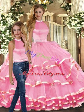 Floor Length Pink Quinceanera Gown Halter Top Sleeveless Backless
