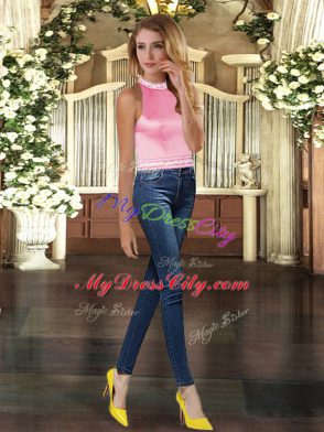 Floor Length Pink Quinceanera Gown Halter Top Sleeveless Backless