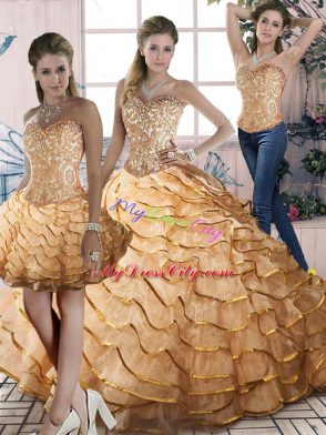 Sweetheart Sleeveless Organza Quinceanera Dresses Beading and Ruffles Brush Train Lace Up