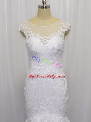Extravagant White Sleeveless Brush Train Lace Wedding Dress