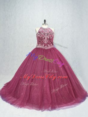 Beautiful Tulle Scoop Sleeveless Brush Train Lace Up Beading Sweet 16 Dresses in Burgundy