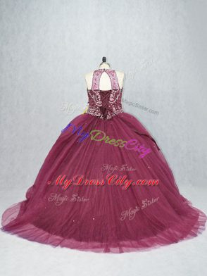 Beautiful Tulle Scoop Sleeveless Brush Train Lace Up Beading Sweet 16 Dresses in Burgundy