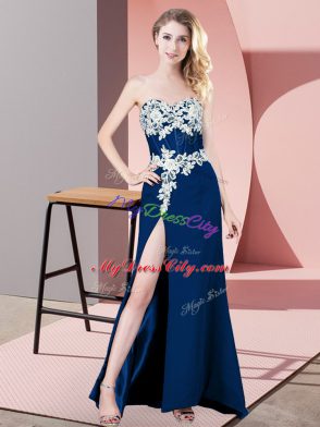 Dramatic Navy Blue Sleeveless Floor Length Lace and Appliques Zipper Junior Homecoming Dress