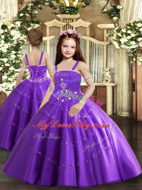 Stunning Purple Tulle Lace Up Sweet 16 Dress Sleeveless Floor Length Beading