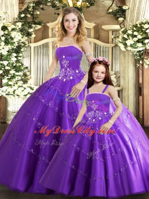 Stunning Purple Tulle Lace Up Sweet 16 Dress Sleeveless Floor Length Beading