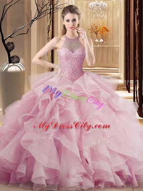Best Beading and Ruffles 15th Birthday Dress Pink Lace Up Sleeveless Sweep Train