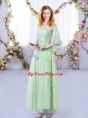 Apple Green Empire Tulle Off The Shoulder Half Sleeves Lace and Belt Floor Length Side Zipper Bridesmaid Gown