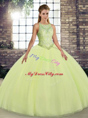 On Sale Floor Length Lace Up 15th Birthday Dress Yellow Green for Military Ball and Sweet 16 and Quinceanera with Embroidery