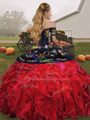 Ball Gowns Sweet 16 Quinceanera Dress Red And Black Off The Shoulder Organza Sleeveless Floor Length Lace Up