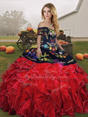 Ball Gowns Sweet 16 Quinceanera Dress Red And Black Off The Shoulder Organza Sleeveless Floor Length Lace Up