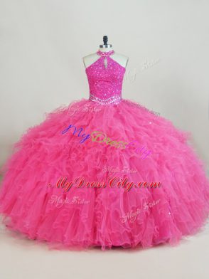 Cute Floor Length Ball Gowns Sleeveless Hot Pink Quinceanera Dress Lace Up