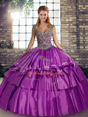 Purple Taffeta Lace Up Straps Sleeveless Floor Length 15th Birthday Dress Beading and Ruffled Layers