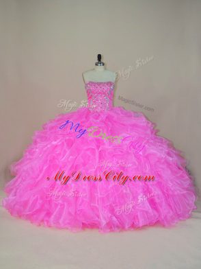 Sumptuous Beading and Ruffles 15th Birthday Dress Pink Lace Up Sleeveless Floor Length
