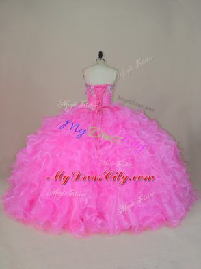 Sumptuous Beading and Ruffles 15th Birthday Dress Pink Lace Up Sleeveless Floor Length