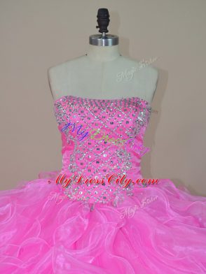 Sumptuous Beading and Ruffles 15th Birthday Dress Pink Lace Up Sleeveless Floor Length