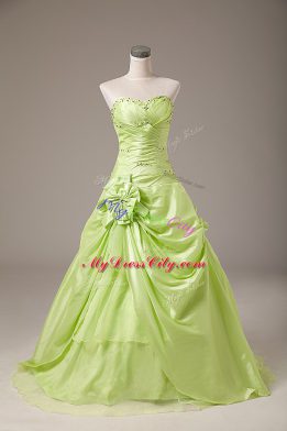 Enchanting Yellow Green Lace Up 15th Birthday Dress Beading and Hand Made Flower Sleeveless Floor Length