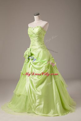 Enchanting Yellow Green Lace Up 15th Birthday Dress Beading and Hand Made Flower Sleeveless Floor Length