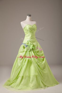 Enchanting Yellow Green Lace Up 15th Birthday Dress Beading and Hand Made Flower Sleeveless Floor Length