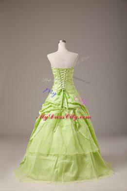 Enchanting Yellow Green Lace Up 15th Birthday Dress Beading and Hand Made Flower Sleeveless Floor Length